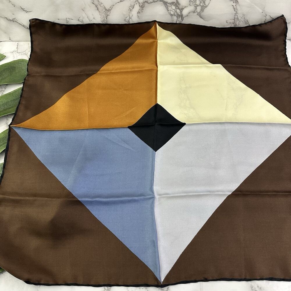 Damon Vintage 80s Pocket Square Silk Hand Rolled Blue Brown Geometric Block